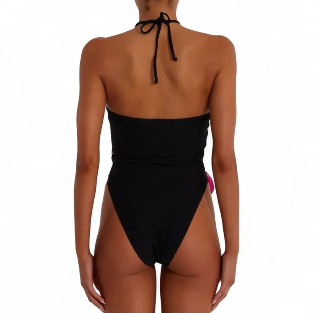 SAME Rose Cut Out One Piece Swimsuit Black Pink Rosette Floral Halter Size S